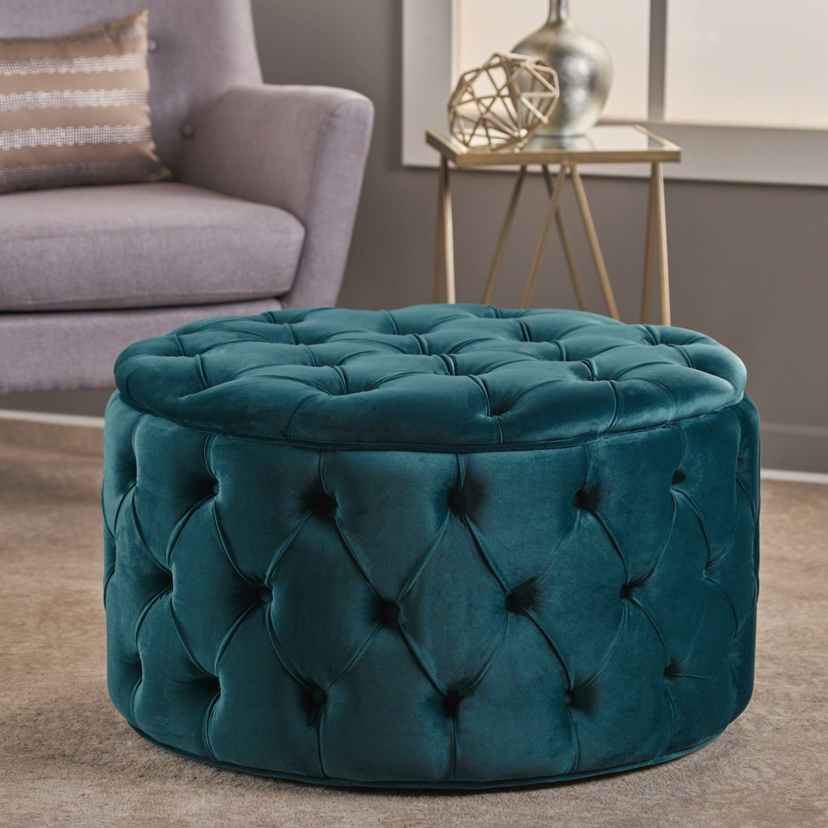 Picture of 212 Main F-NHA-5931300DTE 29.5 x 29.5 x 18 in. Modern Glam Round Velvet Ottoman with Cushioned Top & Sturdy Frame - Teal