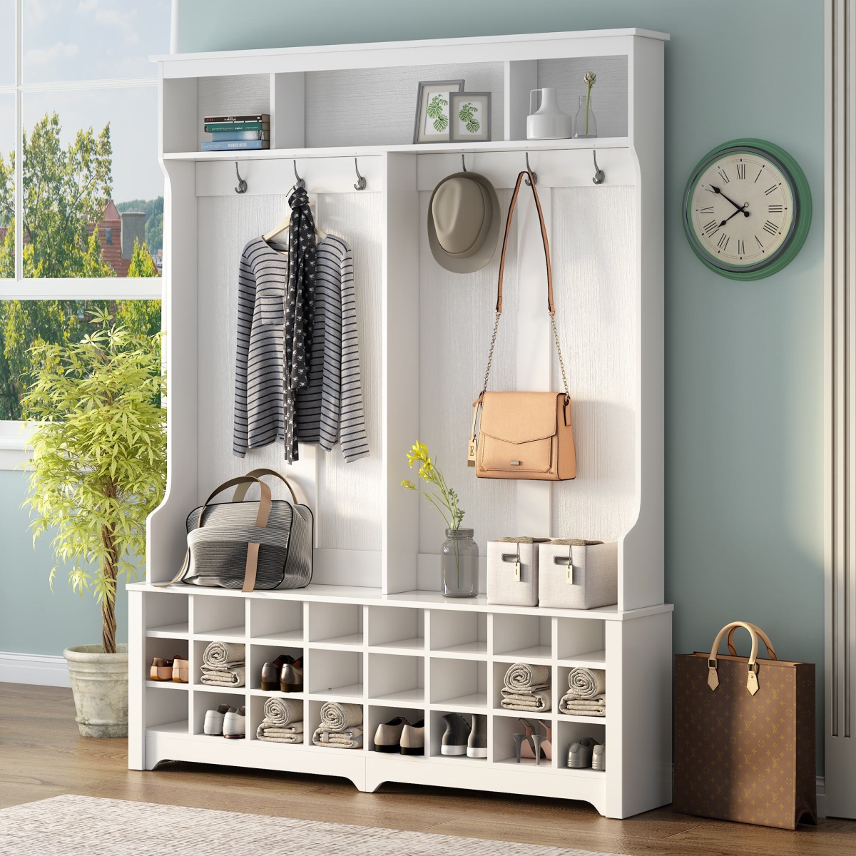 Picture of 212 Main F-ONT-WF298614AAK 60 in. Modern Wide Hall Tree with Metal Hooks & Entryway Bench&#44; 24 Shoe Cubbies & Ample Storage&#44; Minimalist Coat Rack for Hallway - White