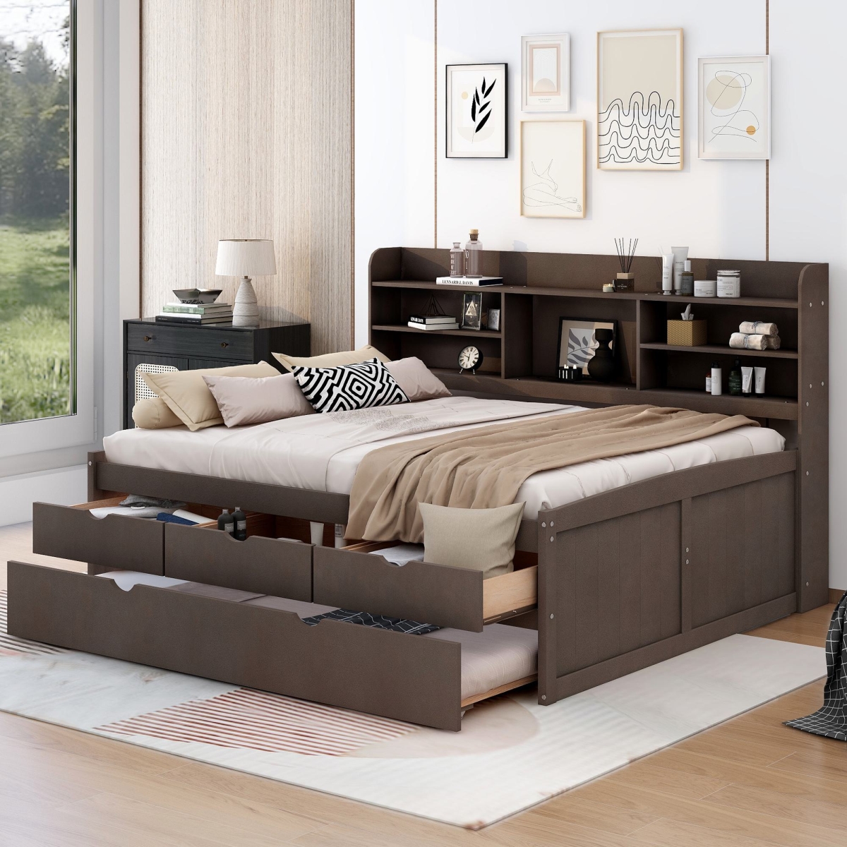 Picture of 212 Main F-WMS-GX001029AAA Classic Style Full Size Wooden Captain Bed with Built-in Bookshelves&#44; 3 Storage Drawers&#44; Trundle&#44; 78.5 x 104.5 x 47 in. - Antique Gray