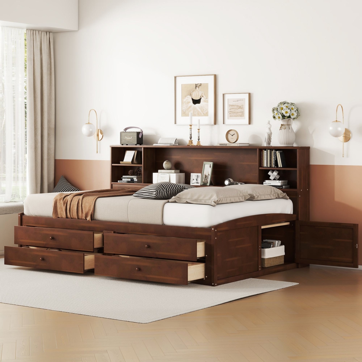 Picture of 212 Main F-WMS-GX001037AAD Full Size Wooden Captain Bed with Storage Shelves&#44; 4 Drawers&#44; 2 Cabinets & Bookcase Headboard&#44; 79 x 63 x 48 in. - Antique Brown