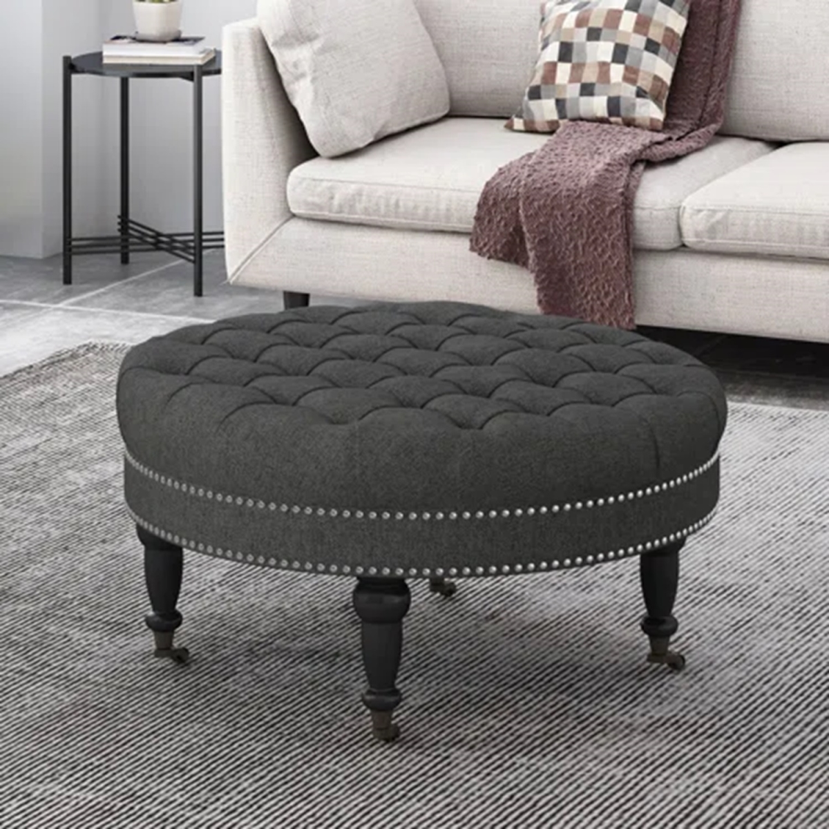 Picture of 212 Main F-NHA-6957800DGRY Contemporary Upholstered Round Ottoman with Rolling Casters & Birch Wood Legs&#44; Button Tufted Diamond Stitch&#44; Nail Head Accents&#44; Dark Gray