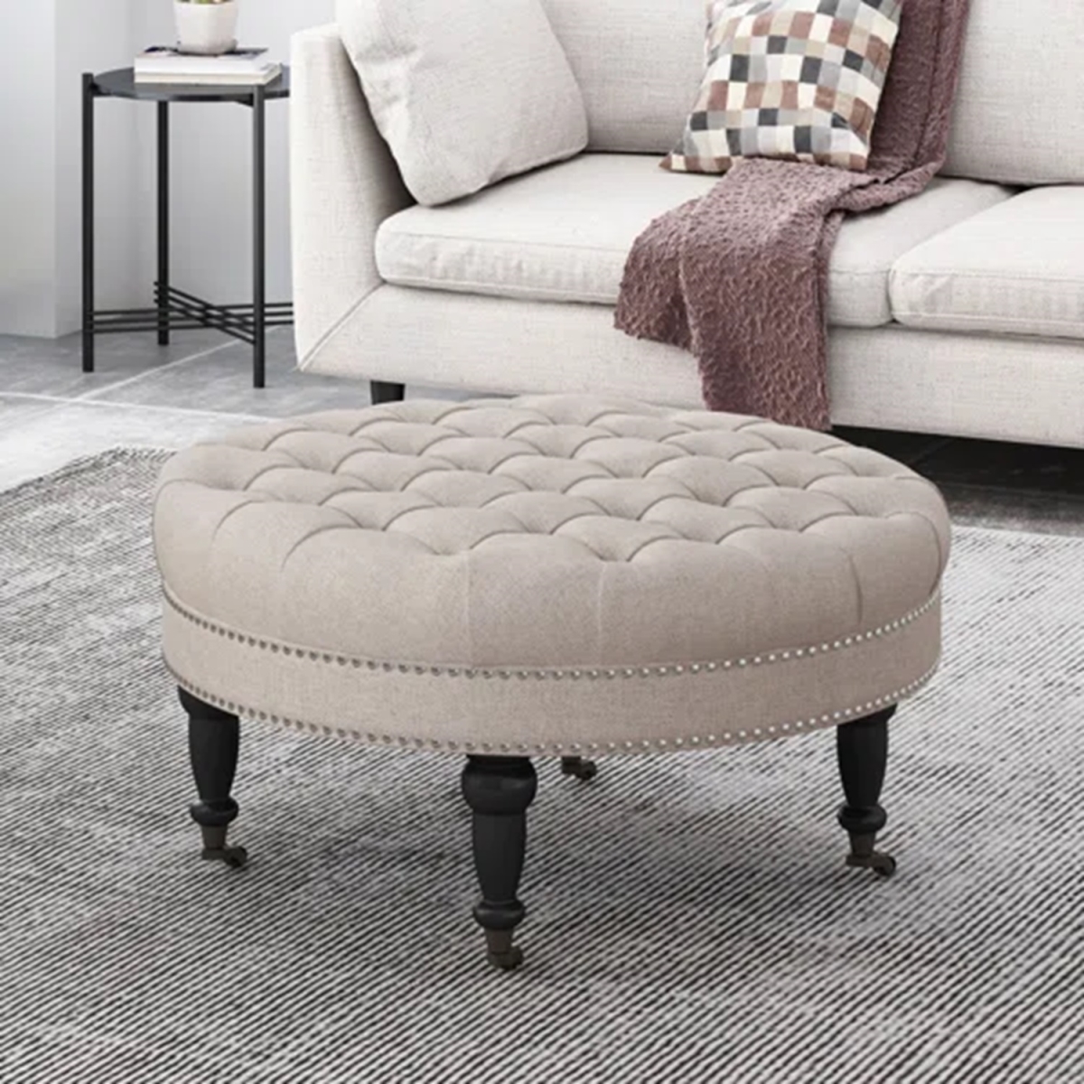Picture of 212 Main F-NHA-6957800WHEAT Contemporary Upholstered Round Ottoman with Rolling Casters & Birch Wood Legs&#44; Button Tufted Diamond Stitch&#44; Nail Head Accents&#44; Wheat