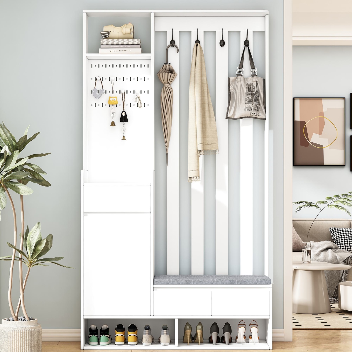 Picture of 212 Main F-ONT-N721P179243K Modern Multifunctional Hall Tree with Cushioned Storage Bench&#44; Coat Rack Stand with Pegboard & 4 Hooks&#44; 39.5 x 12 x 71 in. - White