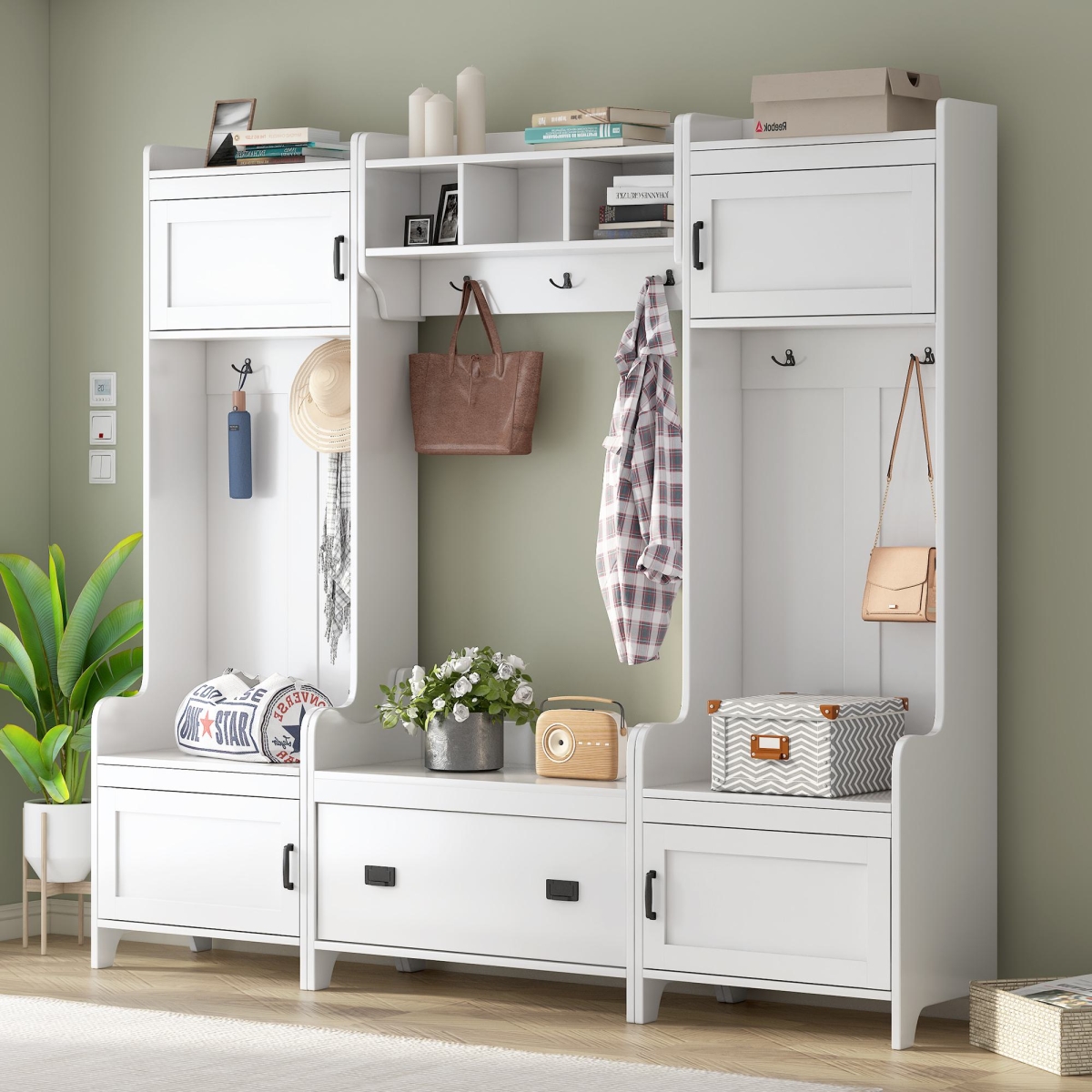 Picture of 212 Main F-ONT-SD000019AAK 72 x 15 x 78.5 in. 4-in-1 Modern Versatile Hall Trees with Coat Rack&#44; Storage Bench & 7 Metal Hooks - White