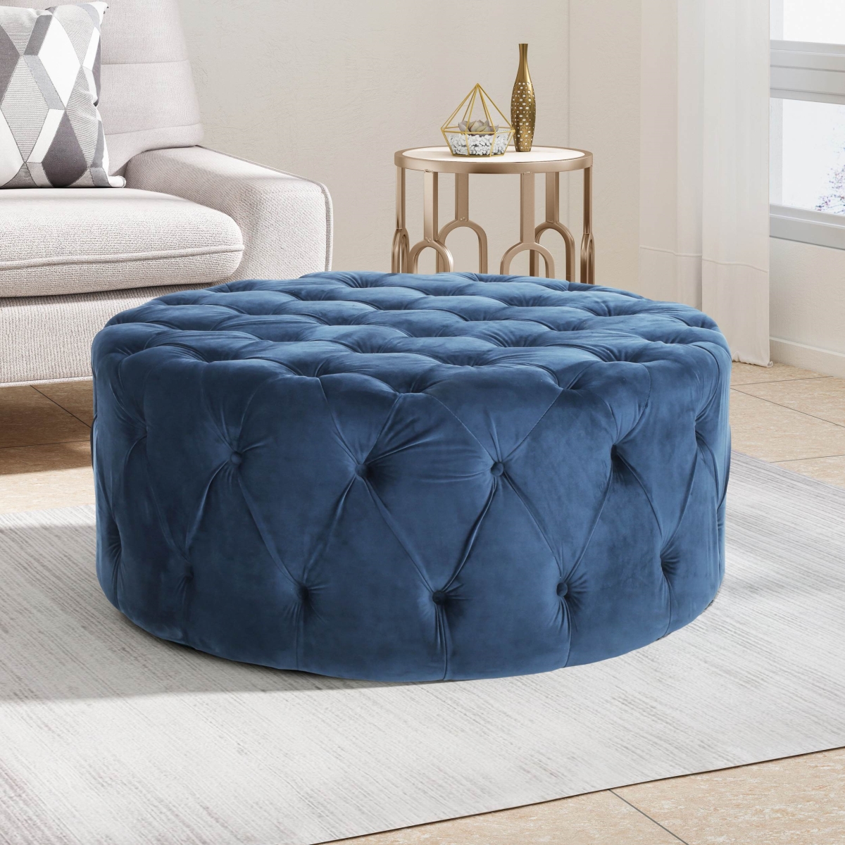 Picture of 212 Main F-NHA-6907400BLU Modern Glam Round Tufted Velvet Ottoman with Cushioned Top&#44; Sturdy Frame & Space-Saving Design&#44; 40 x 40 x 17.5 in. - Blue