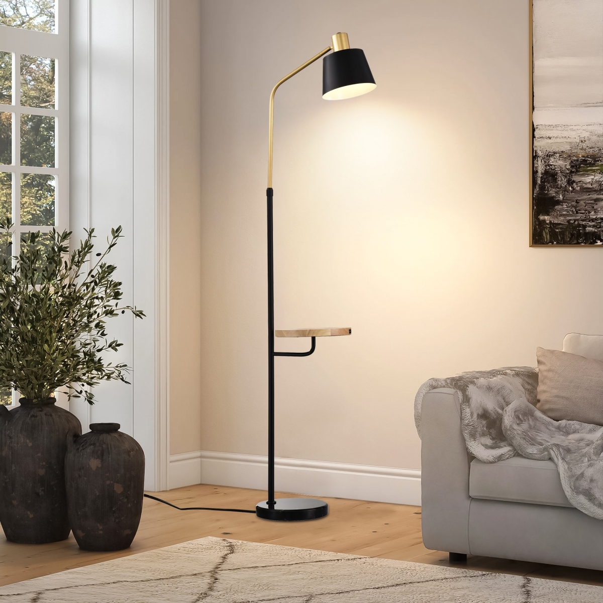 Picture of 212 Main F-HEM-W1592P189325 Real Marble Floor Lamp with Wood Bedside Nightstand&#44; Built-in USB Charging Port&#44; Convenient Pedal Switch for Living Room&#44; Matte Black