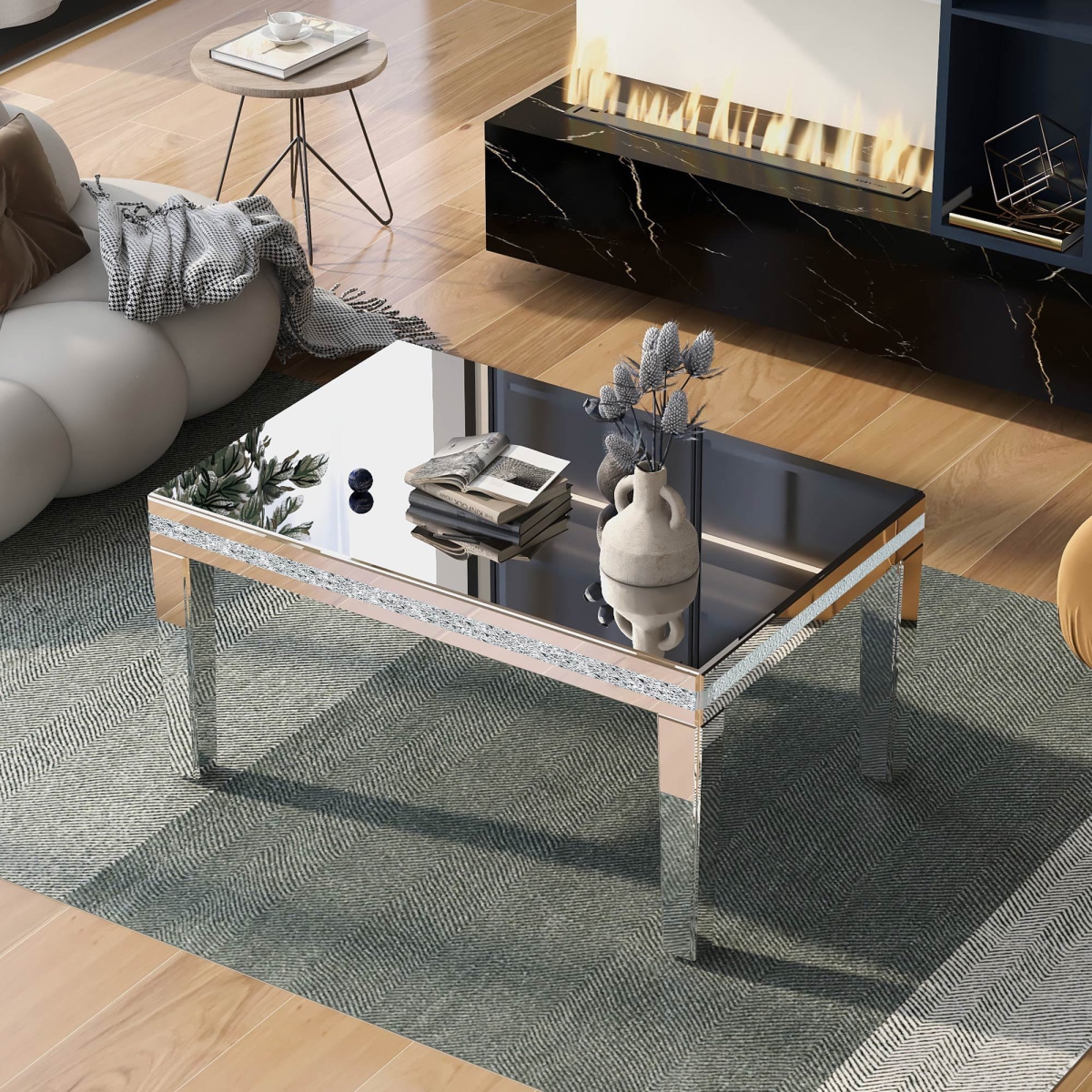 Picture of 212 Main F-ONT-WF296594AAN Fashionable Glass Mirrored Coffee Table with Crystal Design & Adjustable Height Legs&#44; Easy Assembly&#44; 35.5 x 23.5 x 18.5 in. - Silver
