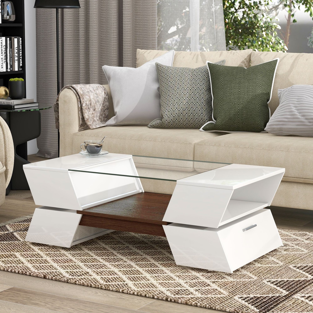 Picture of 212 Main F-ONT-WF299270AAK Geometric Style Glass-Top Coffee Table with Open Shelves & Cabinets&#44; 2-Tier Center Table for Living Room&#44; 45 x 22 x 15 in. - White