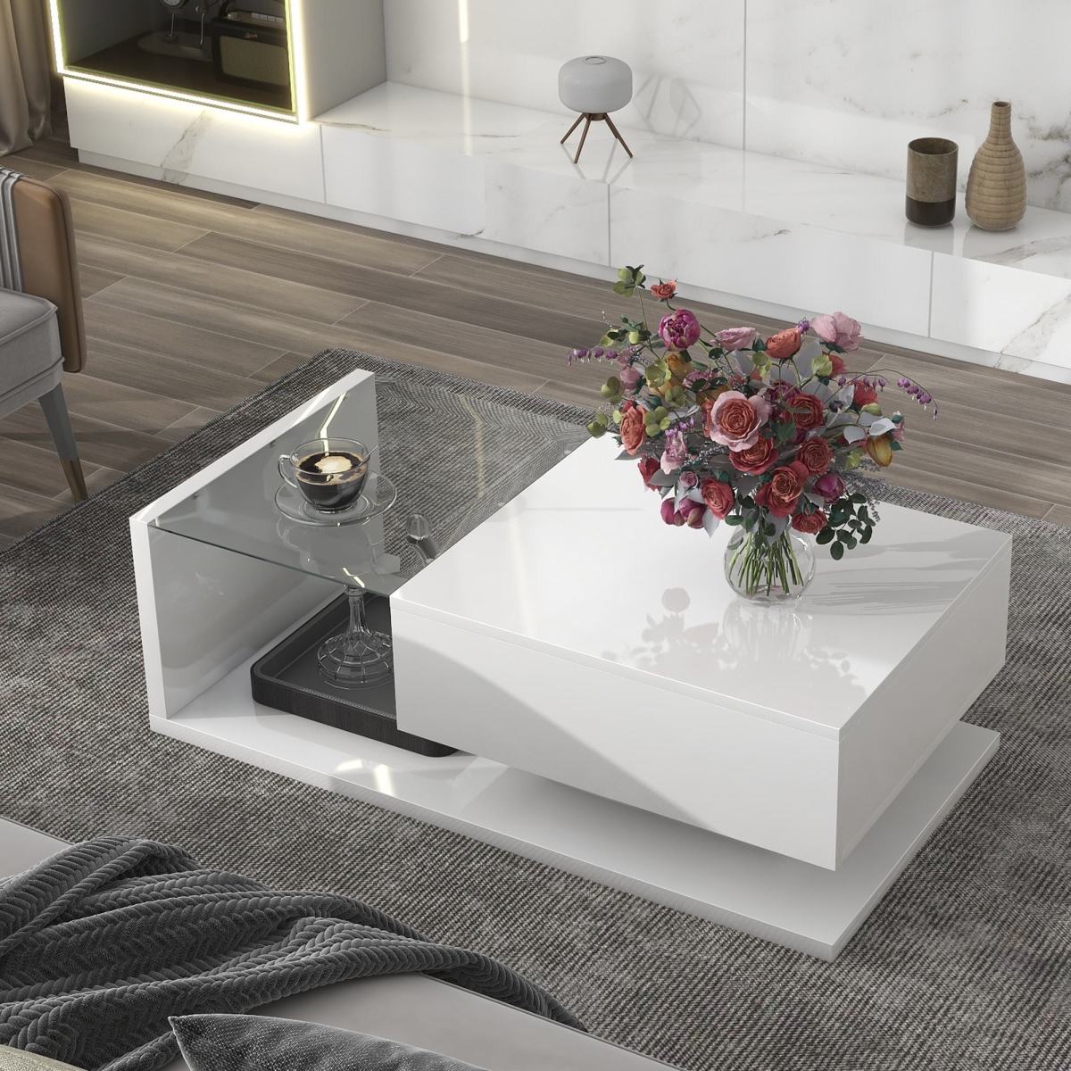 Picture of 212 Main F-ONT-WF303936AAK Modern Coffee Table with Tempered Glass & High-Gloss UV Surface&#44; Wooden Cocktail Table&#44; Living Room 2-Tier Rectangle Center Table - White