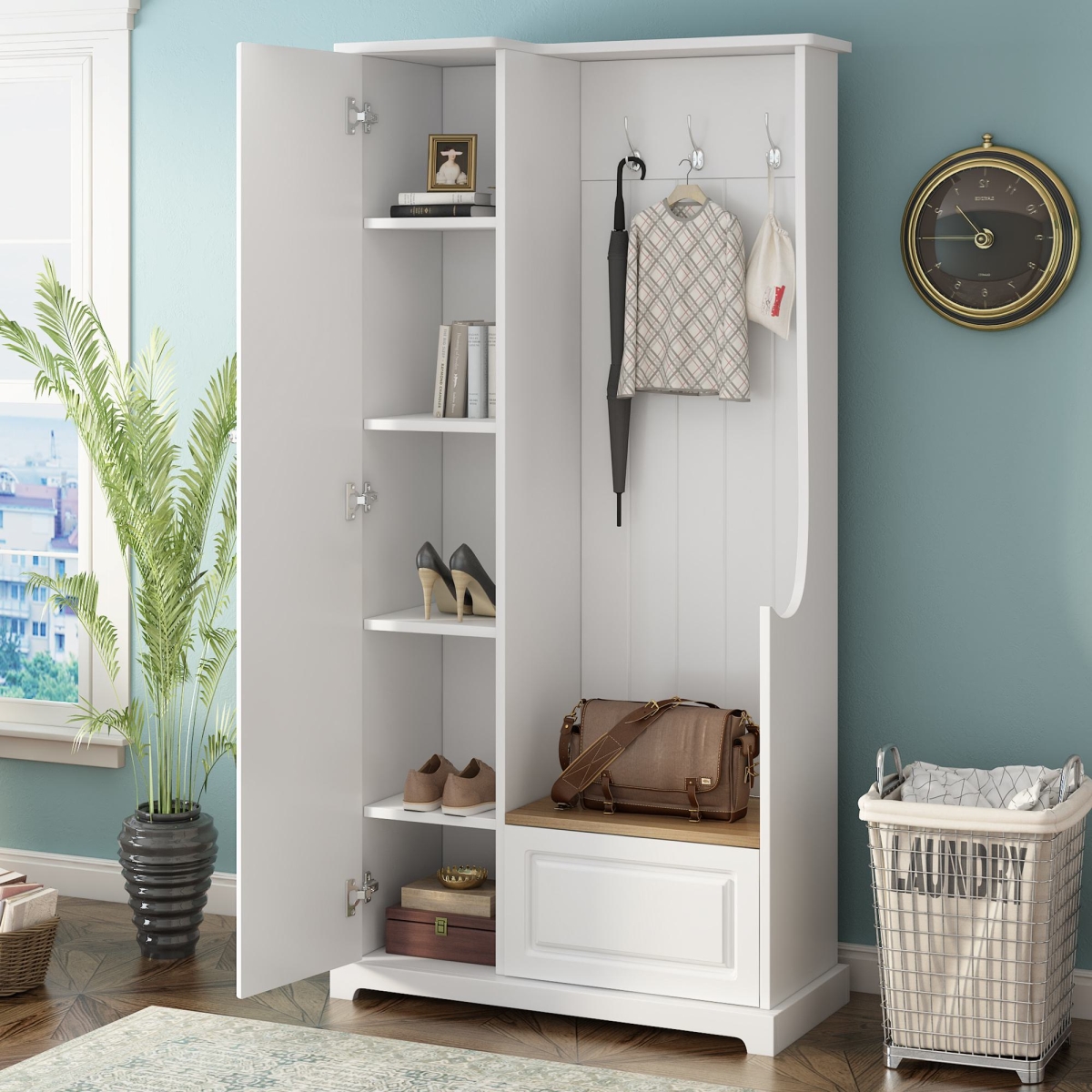 Picture of 212 Main F-ONT-WF304223AAK Minimalist Entryway Hall Tree with Flip-Up Bench & Adjustable Shelves&#44; Coat Rack with Hanging Hooks&#44; 36 x 15.5 x 70.5 in. - White
