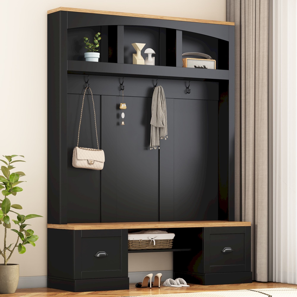 Picture of 212 Main F-ONT-N721S000038B Farmhouse 4-in-1 Hall Tree with Bench & Adjustable Shelves&#44; Multifunctional Storage Coat Rack with Hooks&#44; 55 x 16.5 x 73.5 in. - Black
