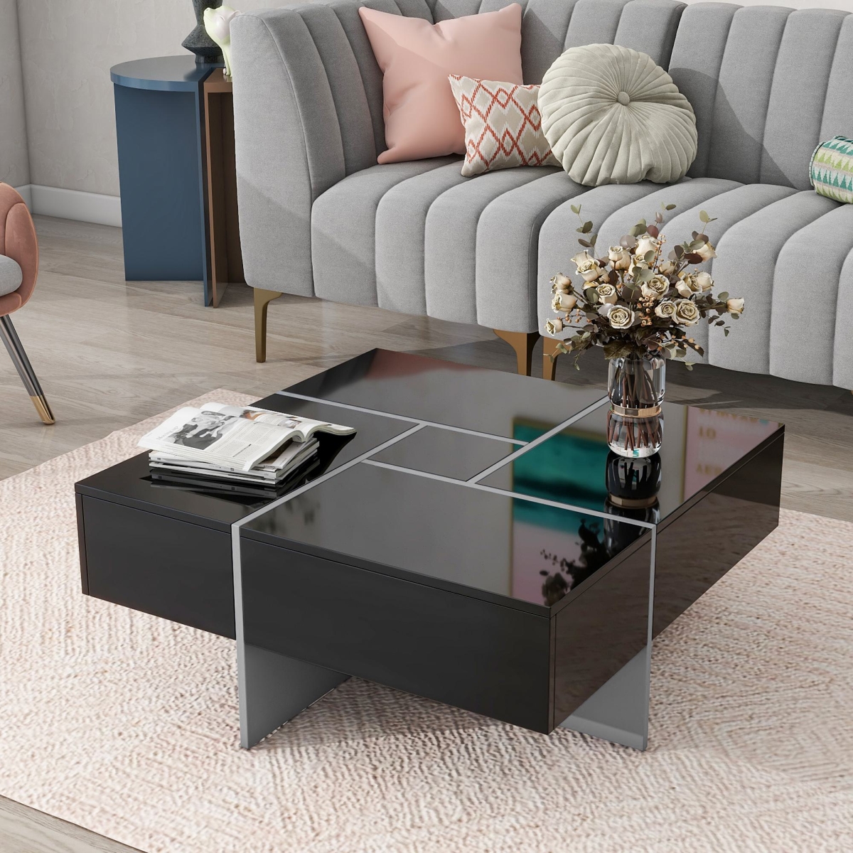 Picture of 212 Main F-ONT-WF305182AAB 31.5 in. Unique Coffee Table with 4 Hidden Storage Compartments & Extendable Sliding Tabletop&#44; End Tables with UV High-Gloss Design - Black