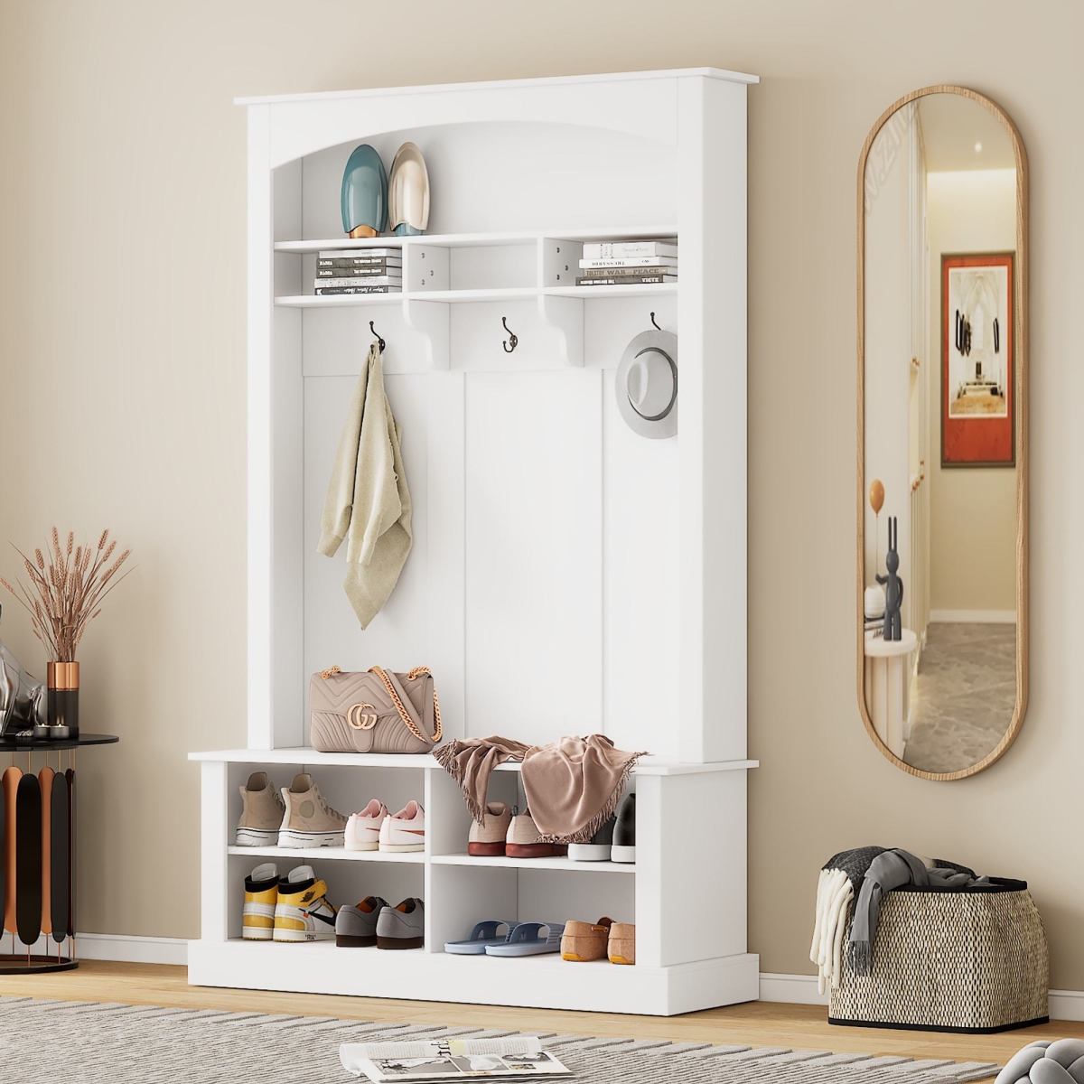 Picture of 212 Main F-ONT-WF317362AAK 47.5 in. Modern Multi-Functional Wide Hall Tree with Shoe Storage & 3 Hanging Hooks&#44; Living Room Coat Rack with Adjustable Shelves - White