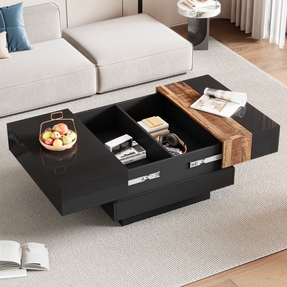 Picture of 212 Main F-ONT-N721P180696B 31.5 in. Square Coffee Table with Sliding Tabletop & Hidden Storage Compartment&#44; End Table with Gloss Finish&#44; Extendable To 45.5 in. - Black