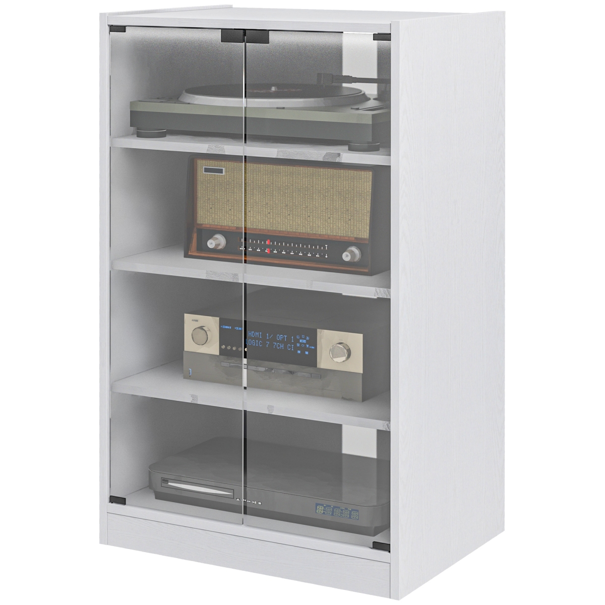 838-082V80WT Homcom 5-Tier Media Cabinet, Media Stand with Adjustable Shelves, Tempered Glass Doors & Cable Management, Distressed White