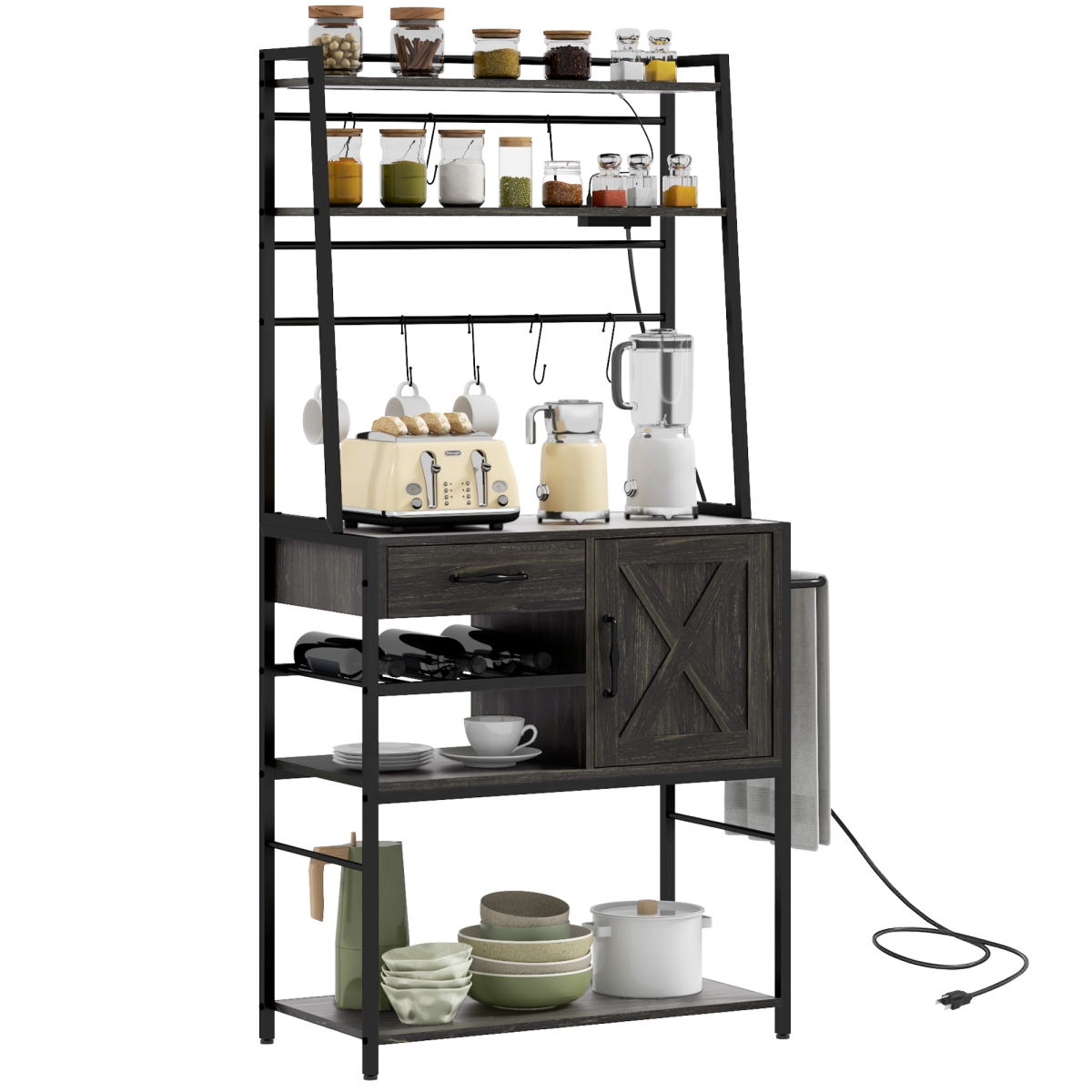 Picture of 212 Main 801-359V80GY Homcom Industrial Kitchen Shelving Unit&#44; Distressed Gray with Charging Station&#44; LED Lights & Barn Door