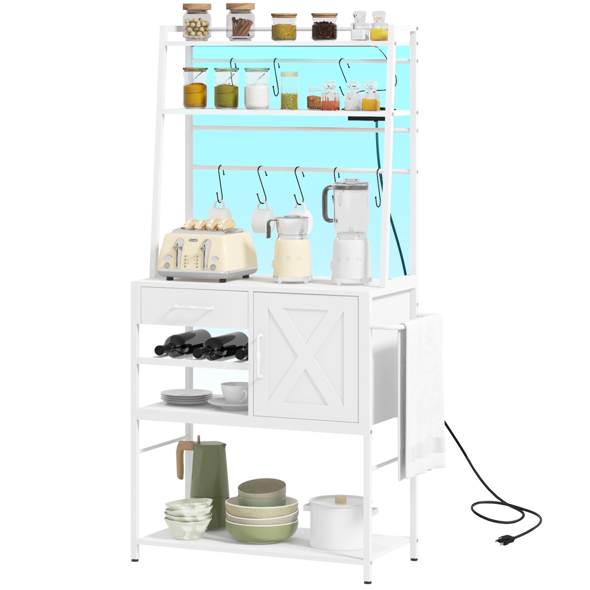 Picture of 212 Main 801-359V80WT Homcom Industrial Kitchen Shelving Unit - White with Charging Station&#44; LED Lights & Barn Door