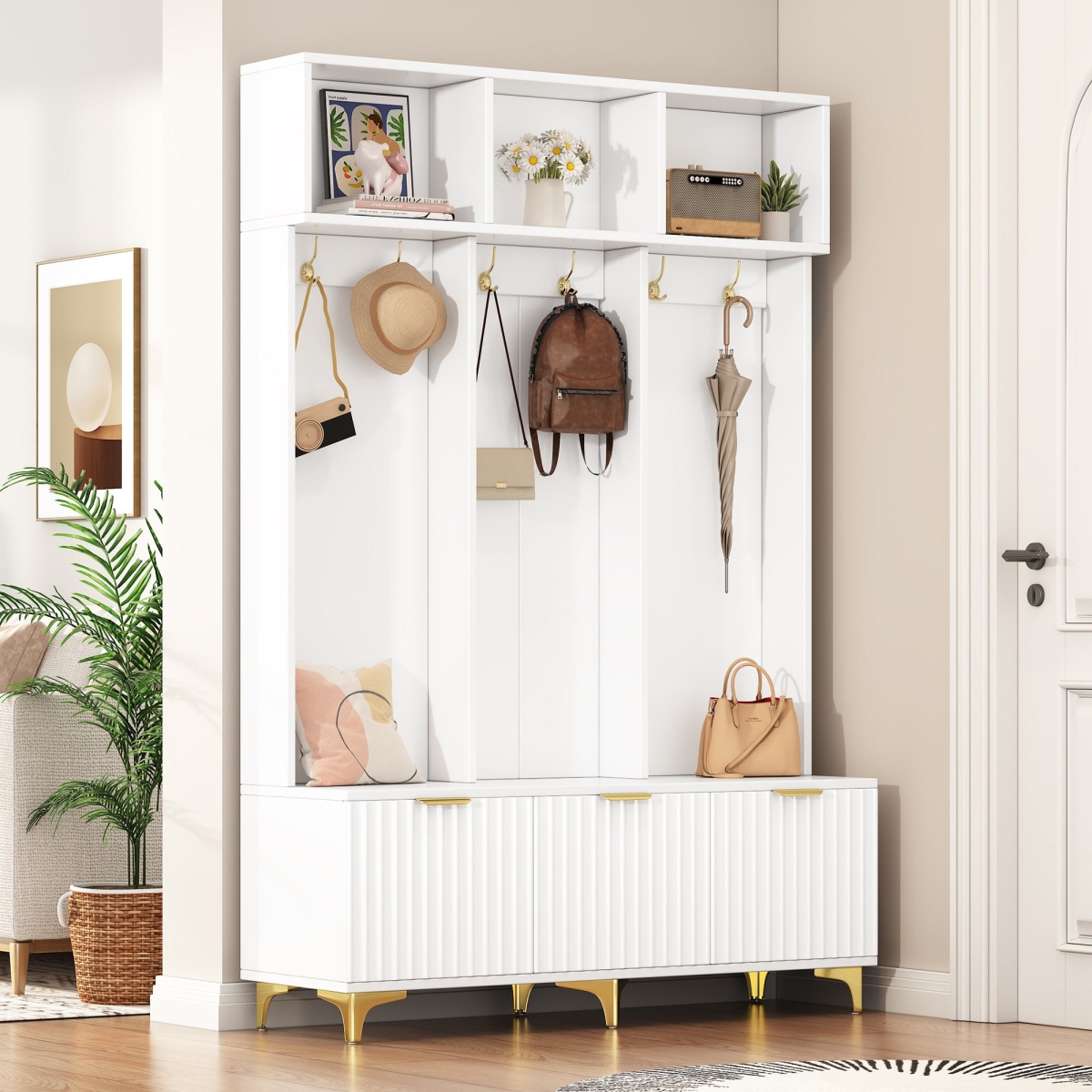 Picture of 212 Main F-ONT-N721P180460K Modern Entryway Hall Tree with Bench & Storage Cubbies&#44; High Gloss Fluted Door & 6 Gold Hooks&#44; 49.5 x 15.5 x 75.5 in. - White & Gold