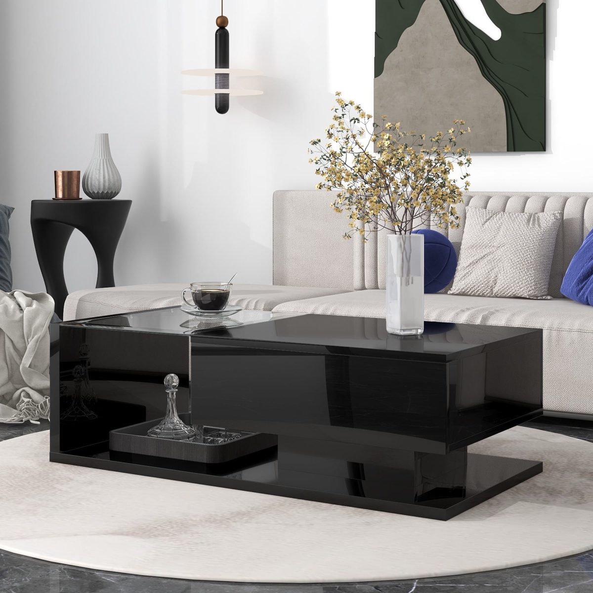 Picture of 212 Main F-ONT-WF303936AAB Modern Coffee Table with Tempered Glass & High-Gloss UV Surface&#44; Wooden Cocktail Table&#44; Living Room 2-Tier Rectangle Center Table - Black