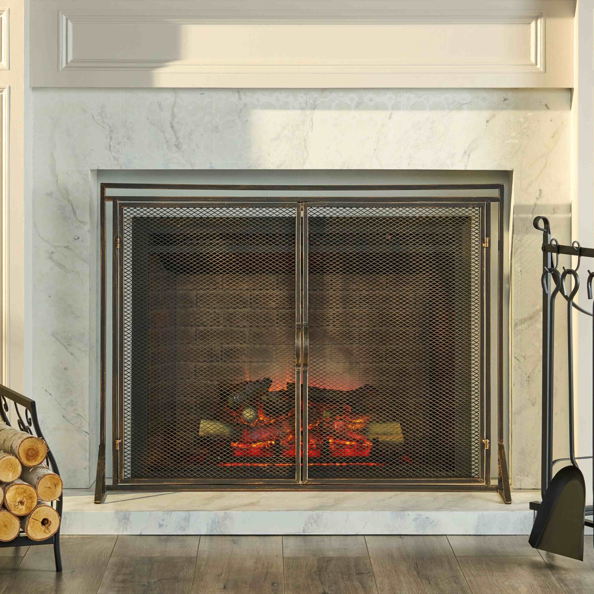 Picture of 212 Main F-NHH-6772100BBGLD Iron Modern Fireplace Screen with Easy Access Doors & Matte Black Finish&#44; Hand-Crafted Details&#44; 40 x 10.25 x 30.5 in. - Black & Gold