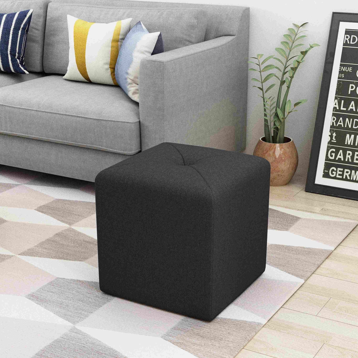 Picture of 212 Main F-NHA-6259900DCHAR Button Tufted Square Fabric Ottoman with Cushioned Top - 16.5 x 16.5 x 17.25 in. - Charcoal Gray