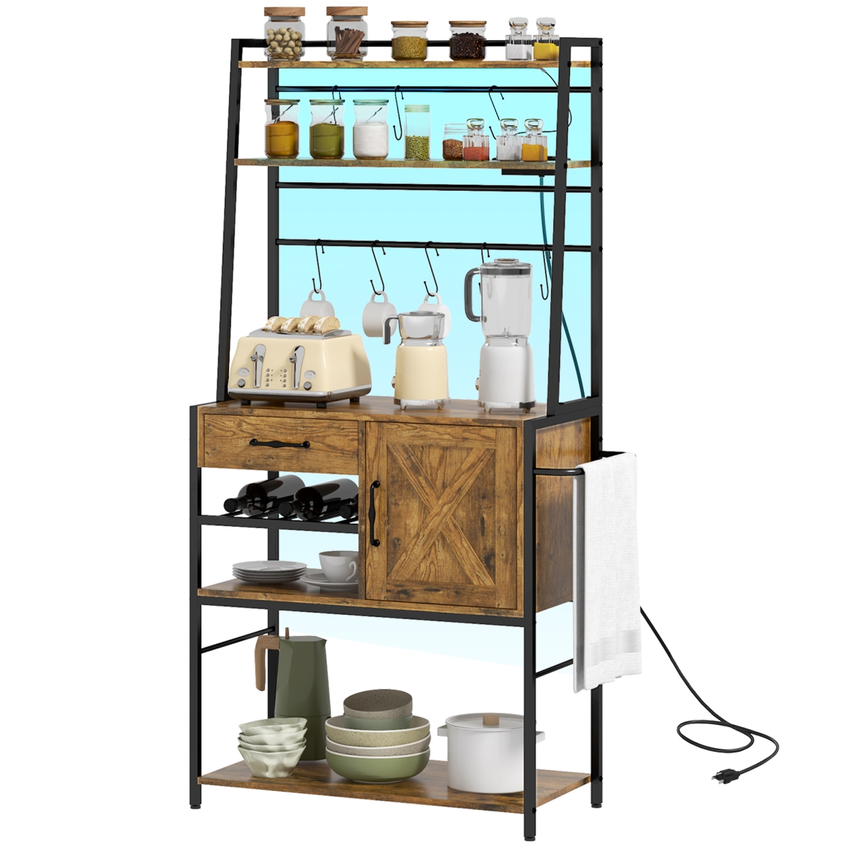 Picture of 212 Main 801-359V80RB Homcom Industrial Kitchen Shelving Unit&#44; Open Shelves for Kitchen with Charging Station&#44; Towel Rack & LED Lights&#44; Rustic Brown