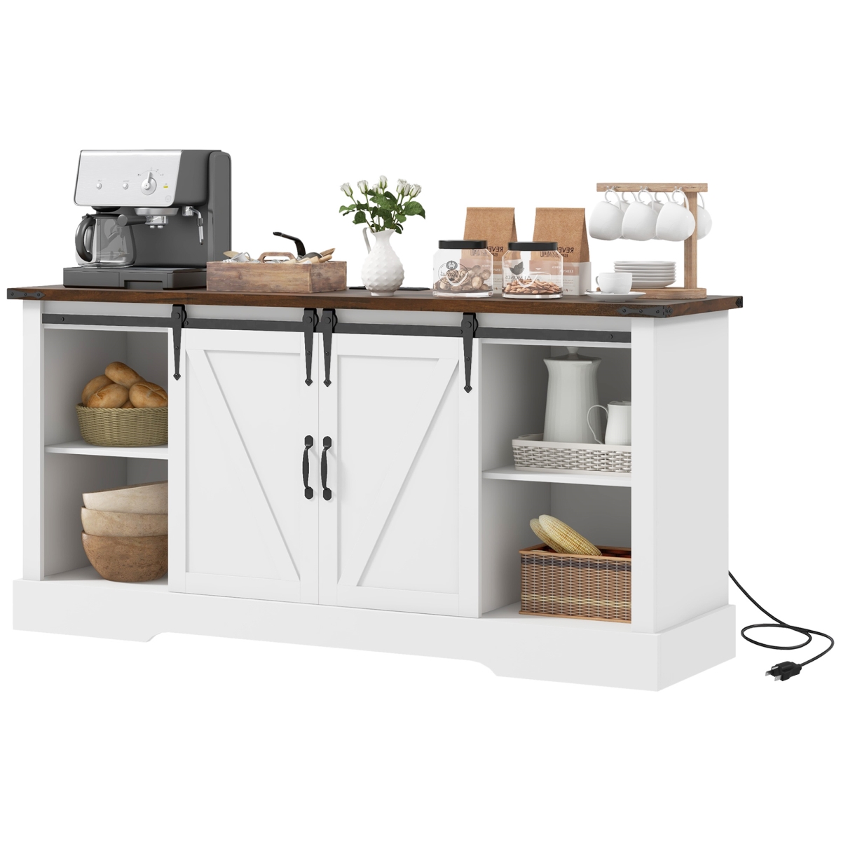 Picture of 212 Main 839-959V80WT Homcom Sideboard Cabinet with Charging Station&#44; Farmhouse Coffee Bar Cabinet with Sliding Barn Door&#44; TV Stand for TVs Up To 65 in. - White