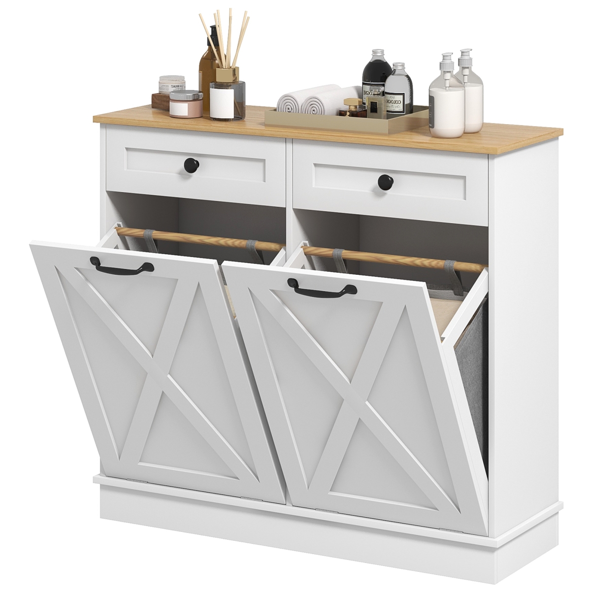 834-703V80WT Homcom Tilt Out Laundry Hamper Cabinet, Bathroom Storage Cabinet with 2 Removable Baskets & 2 Drawers - White