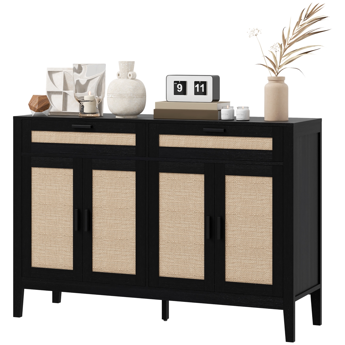 Picture of 212 Main 839-926V80BK Homcom Kitchen Sideboard Cabinet&#44; Boho Entryway Cabinet with Decorative Rattan Doors & Drawers for Dining Room - Black