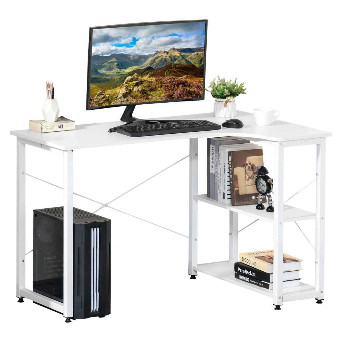 Picture of 212 Main 836-461V81WT Homcom L-Shaped Computer Desk Home Office Corner Desk Study with Wide Desktop&#44; 2 Side Shelves&#44; Steel Frame - White
