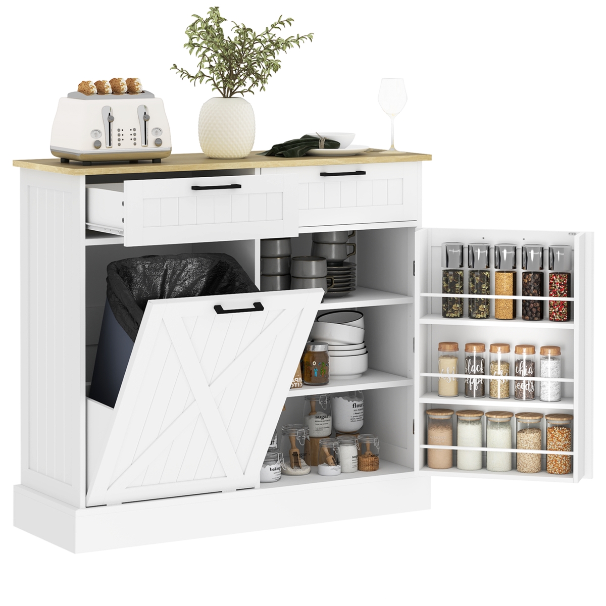 Picture of 212 Main 83A-193V80WT Homcom Farmhouse Kitchen Cabinet with Hidden Trash Can & 2 Drawers&#44; Tilt Out Trash Can Cabinet for Kitchen - White