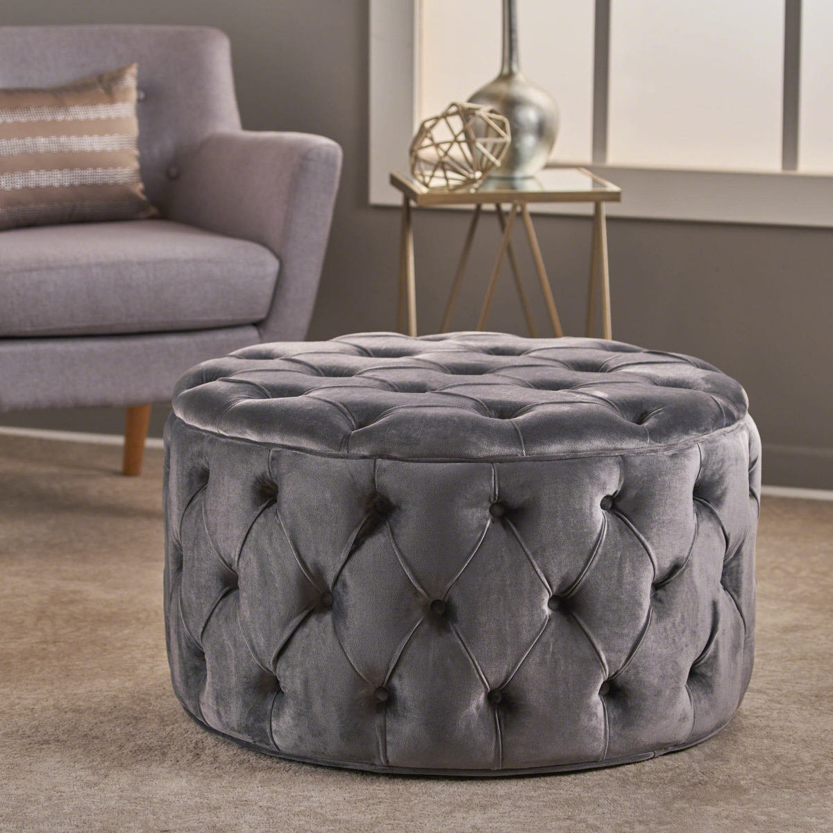 Picture of 212 Main F-NHA-5931300GRY 29.5 x 29.5 x 18 in. Modern Glam Round Velvet Ottoman with Cushioned Top & Sturdy Frame - Gray