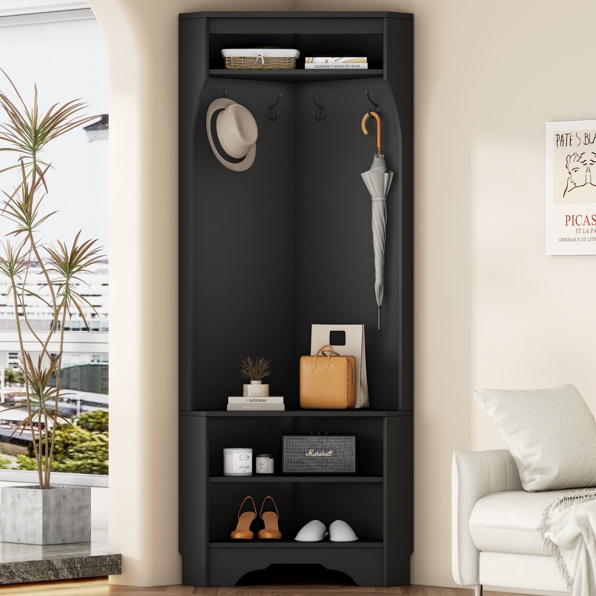 Picture of 212 Main F-ONT-N721P189665B Minimalist Corner Hall Tree with Shoe Bench - 29.5 x 18 x 71.5 in. - Black