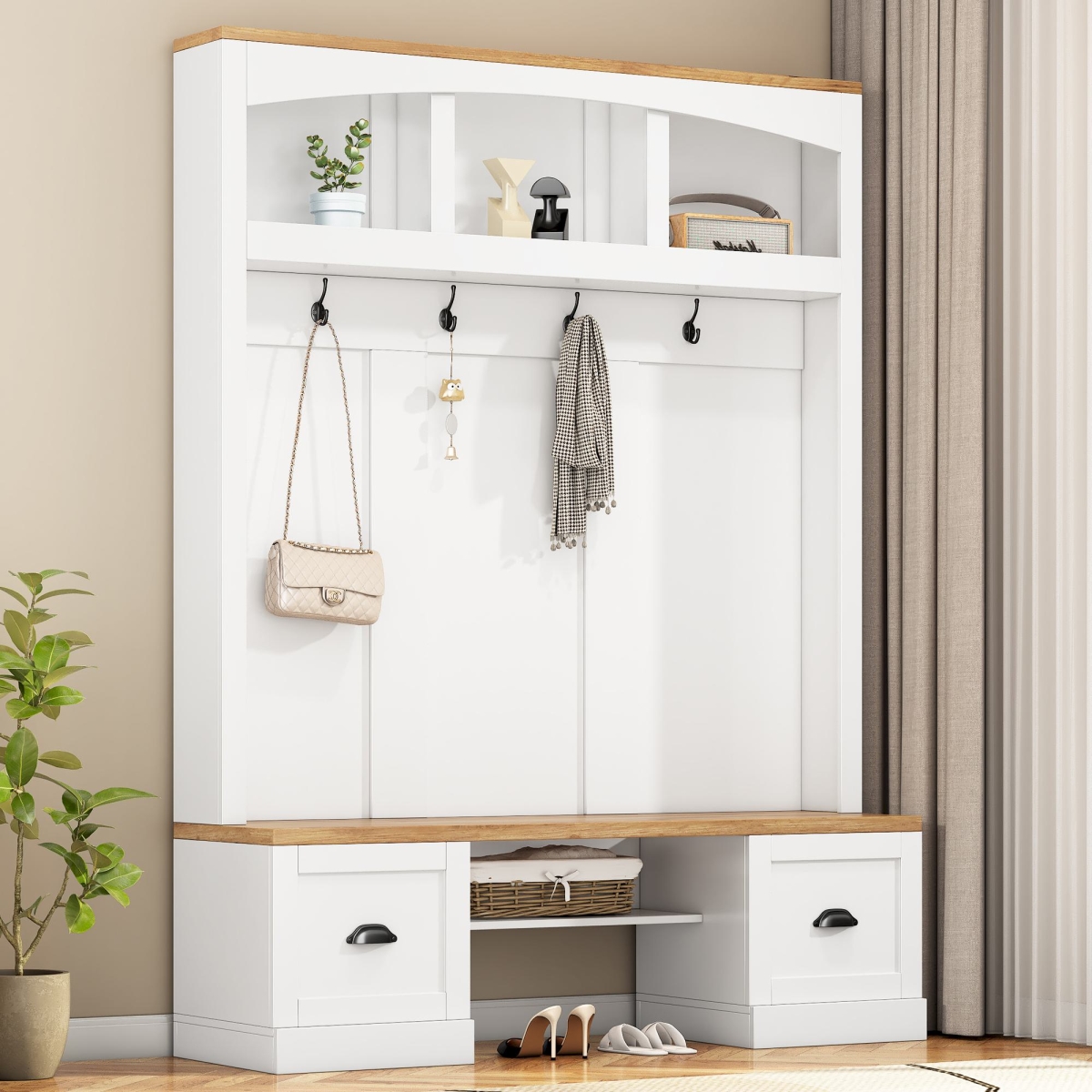 Picture of 212 Main F-ONT-N721S000038K Farmhouse 4-in-1 Hall Tree with Bench & Adjustable Shelves&#44; Multifunctional Storage Coat Rack with Hooks&#44; 55 x 16.5 x 73.5 in. - White
