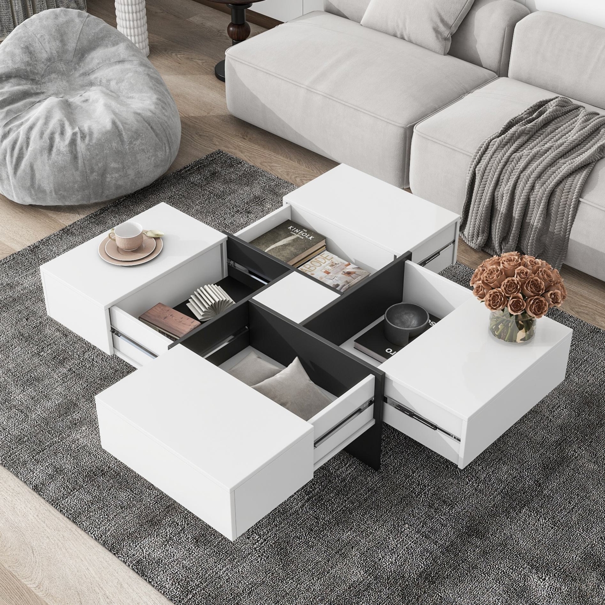 Picture of 212 Main F-ONT-WF305182AAK 31.5 in. Unique Coffee Table with 4 Hidden Storage Compartments & Extendable Sliding Tabletop&#44; End Tables with UV High-Gloss Design - White