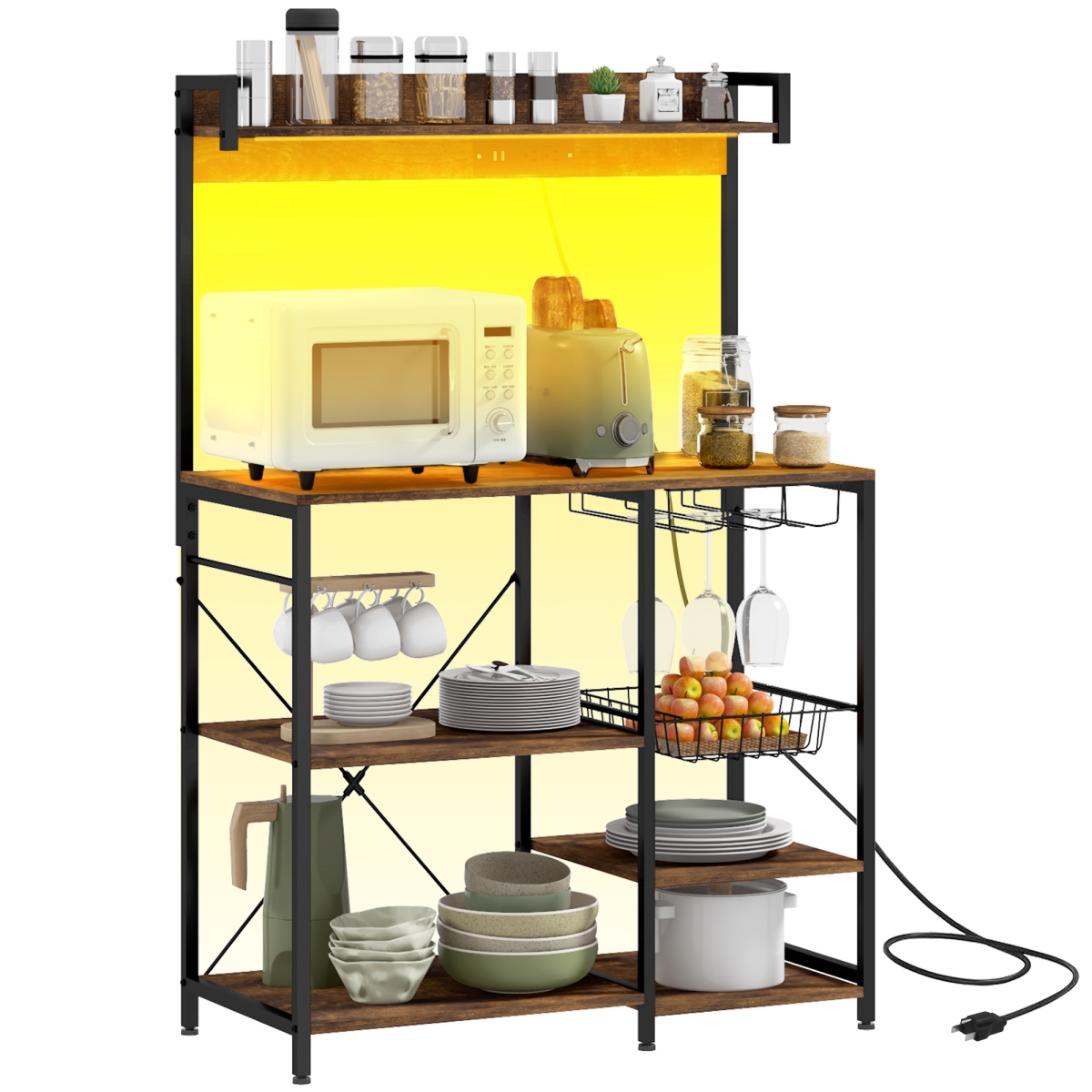 Picture of 212 Main 801-360V80RB Homcom Industrial Rustic Brown Kitchen Bakers Rack with Charging Station&#44; RGB Lights&#44; Glass Holders & Open Shelves