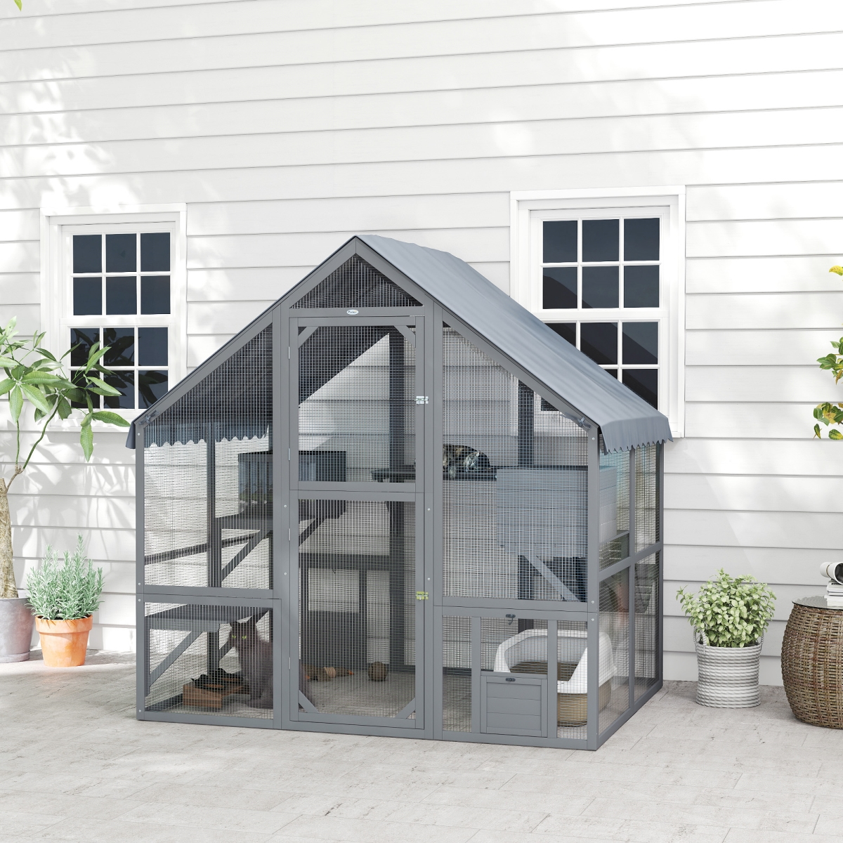 Picture of 212 Main D32-029V00GY 74 in. PawHut Wooden Catio Outdoor Cat Enclosure & Waterproof Cover&#44; Gray