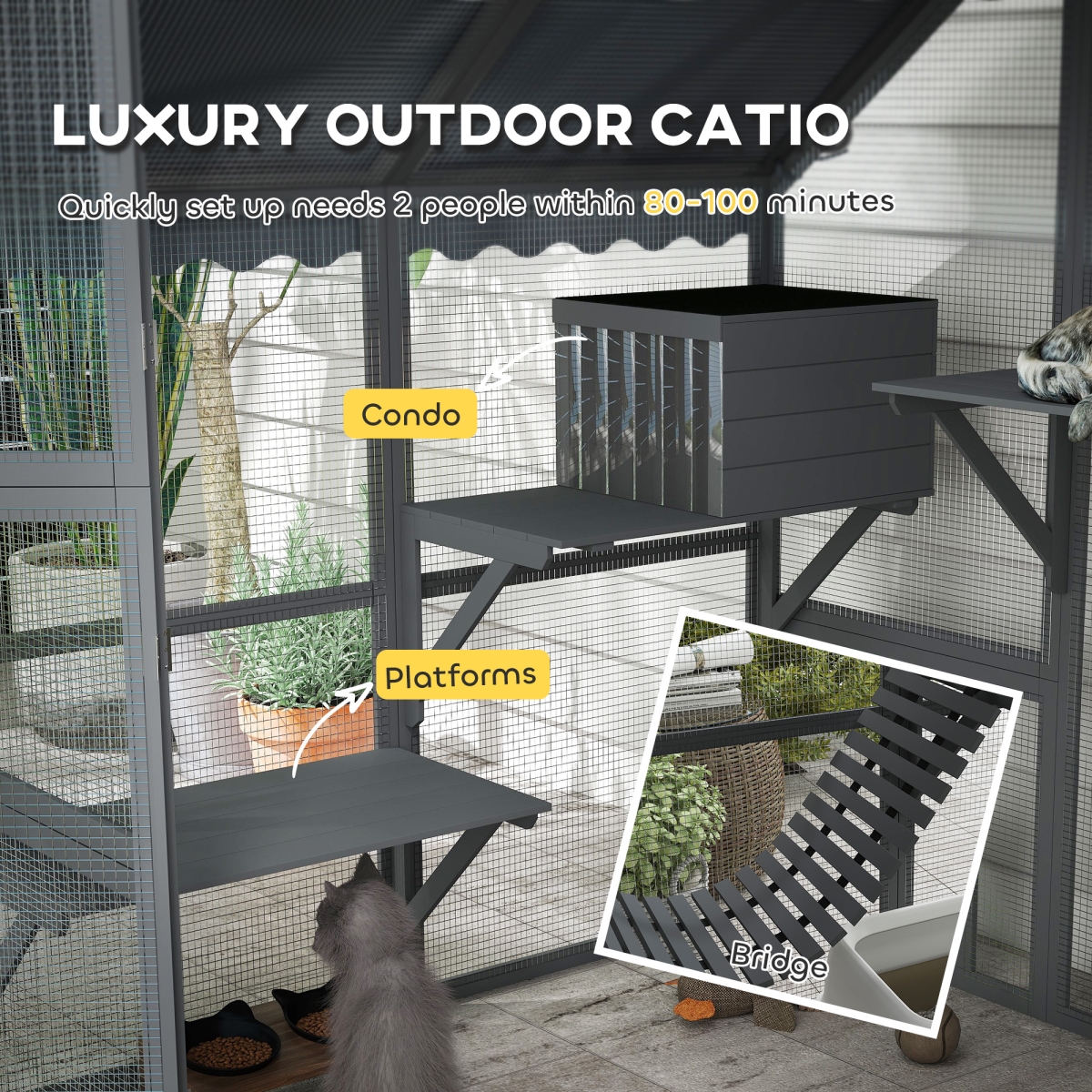 Picture of 212 Main D32-029V00GY 74 in. PawHut Wooden Catio Outdoor Cat Enclosure & Waterproof Cover&#44; Gray