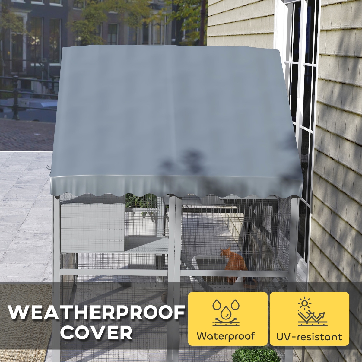Picture of 212 Main D32-029V00GY 74 in. PawHut Wooden Catio Outdoor Cat Enclosure & Waterproof Cover&#44; Gray