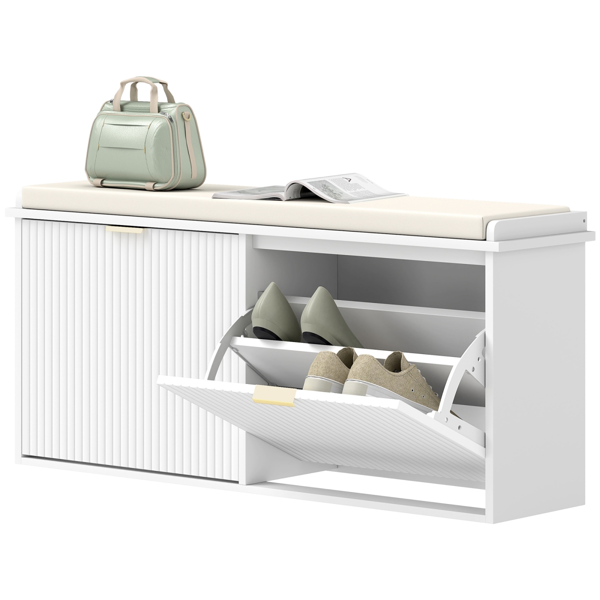 Picture of 212 Main 837-559V82WT 40.9 x 10.2 x 18.7 in. Homcom Padded Seat Cushion & Flip-Drawer Shoe Storage Bench&#44; White & Beige
