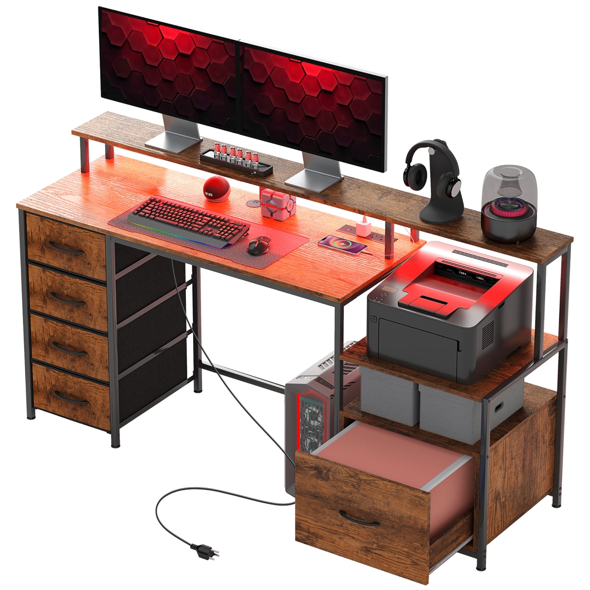 Picture of 212 Main 920-101V80RB 35.2 in. Homcom Power Outlets & LED Lights Computer Desk&#44; Rustic Brown & Black