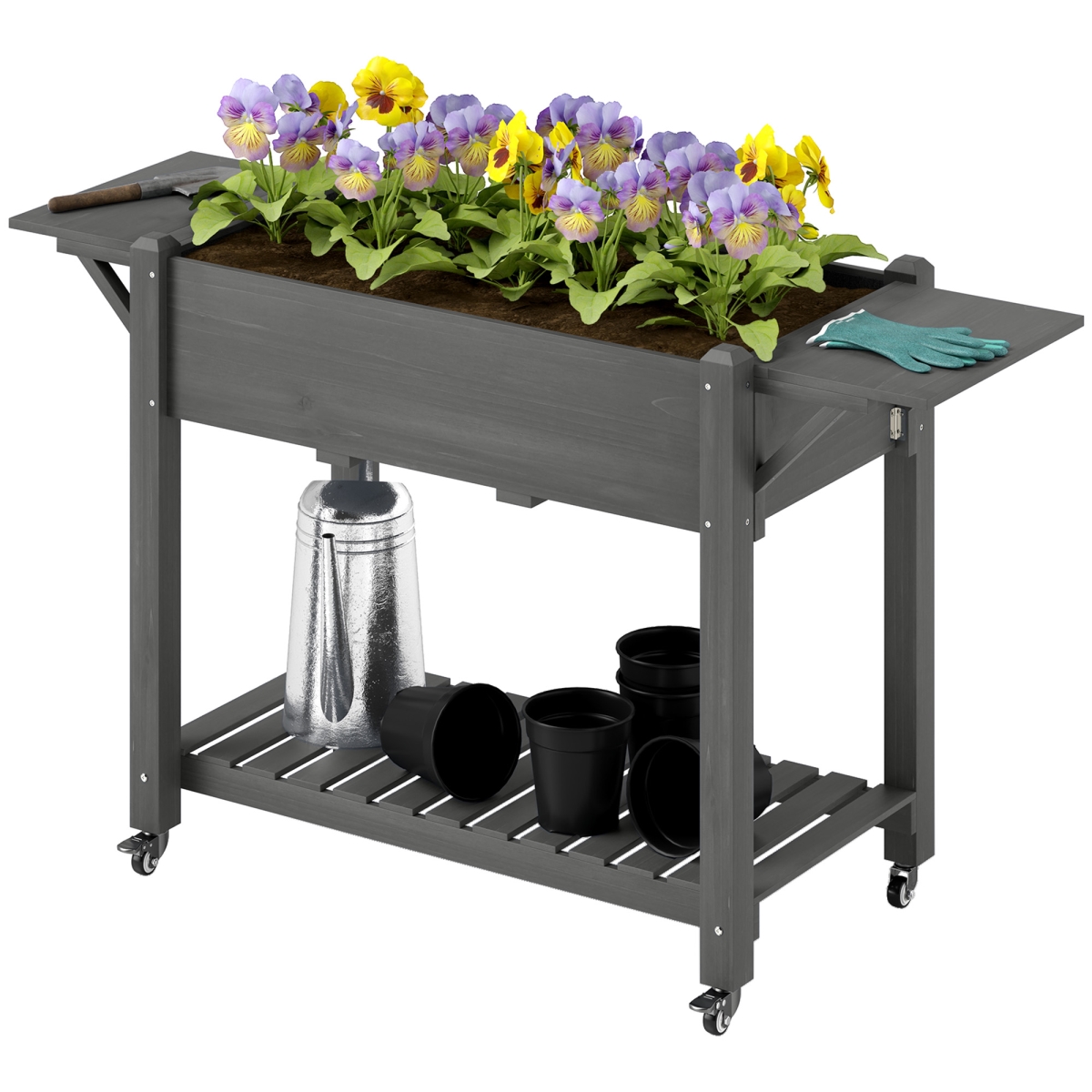 Elevated Wood Planter Box - Gray - 33.9 in. - Durable with Wheels