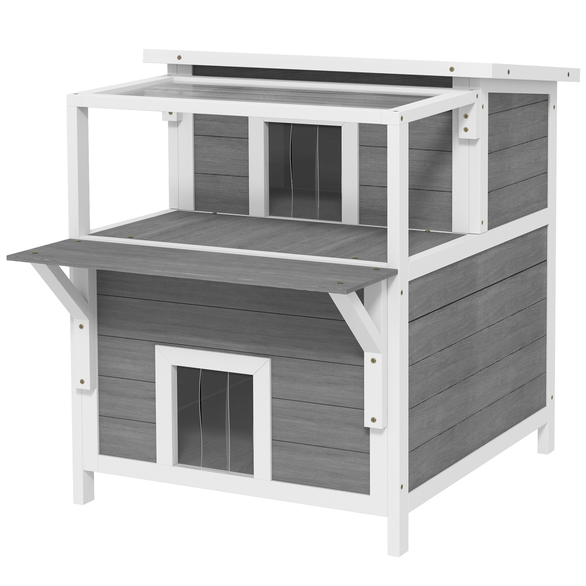 Picture of 212 Main D30-876V00LG PawHut Weatherproof Outdoor Cat Shelter - Two Story Cat House with Balcony - Openable Top - Escape Door - Removable Panel & Floor&#44; Light Gray