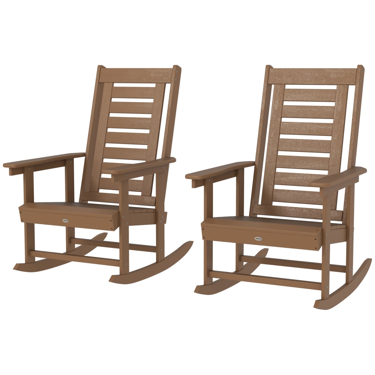 84G-736V00BN 28 in. Outsunny Outdoor Rocking Chairs - HDPE Patio Rockers with High Back - Wide Armrests for Porch Backyard, Brown - 2 Piece