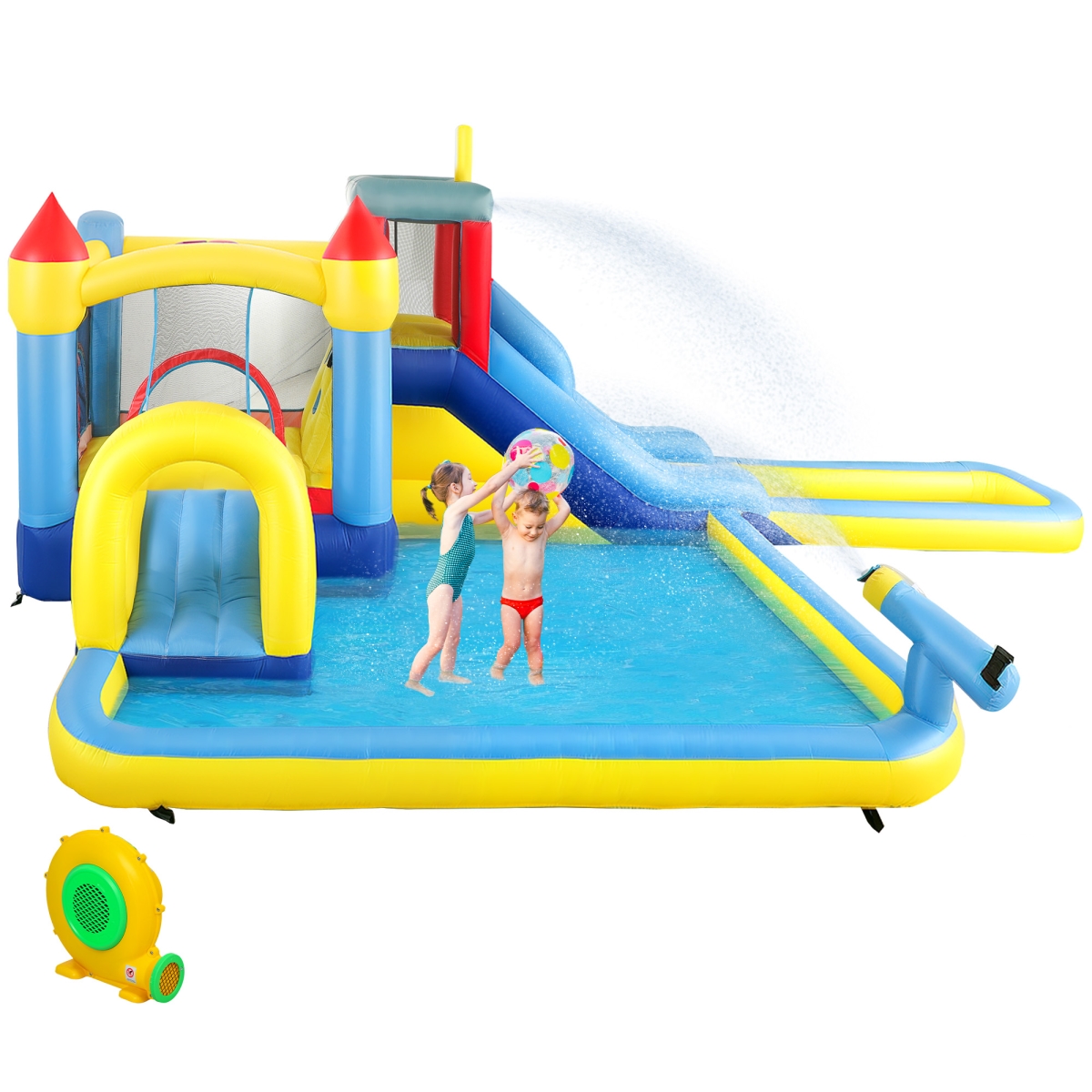 Picture of 212 Main 346-012V80MX Qaba 6 in 1 Inflatable Water Slide Park with Splash Pools - 2 Slides - Trampoline - Climbing Wall - Cannon - Basketball Hoop&#44; Multi Color