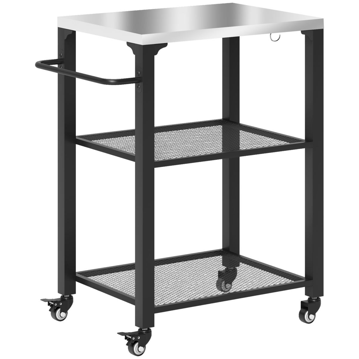 Outsunny 3-Shelf Outdoor Grill Cart with Stainless Steel Tabletop - Movable Pizza Oven Table with Hooks - Side Handle - Wheels, Silver