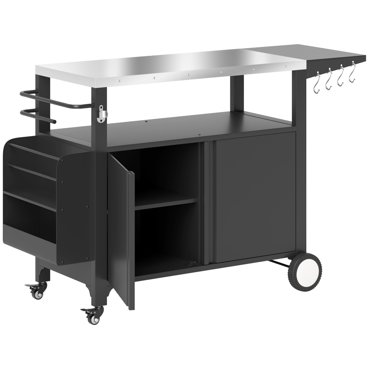 846-162V00SR Outsunny Outdoor Grill Cart Table with Stainless Steel Top - Movable Pizza Oven Table with Foldable Side Table - Wheels, Silver