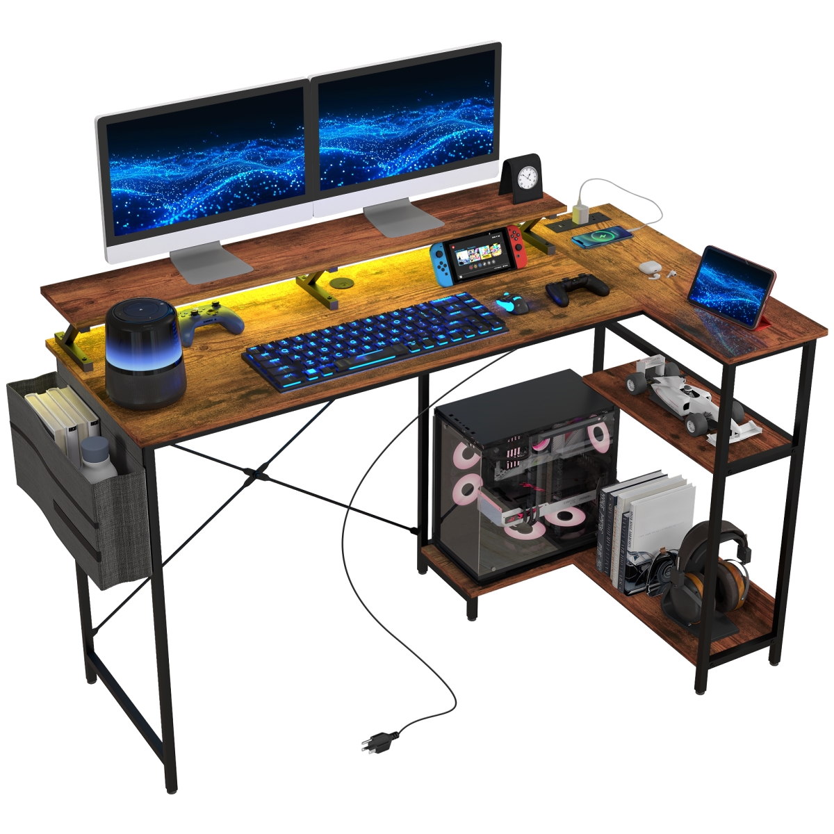 Picture of 212 Main 920-099V80RB 58 in. Homcom Reversible L Shaped Corner Computer Desk with Monitor Stand - Power Outlets & LED Lights&#44; Rustic Brown