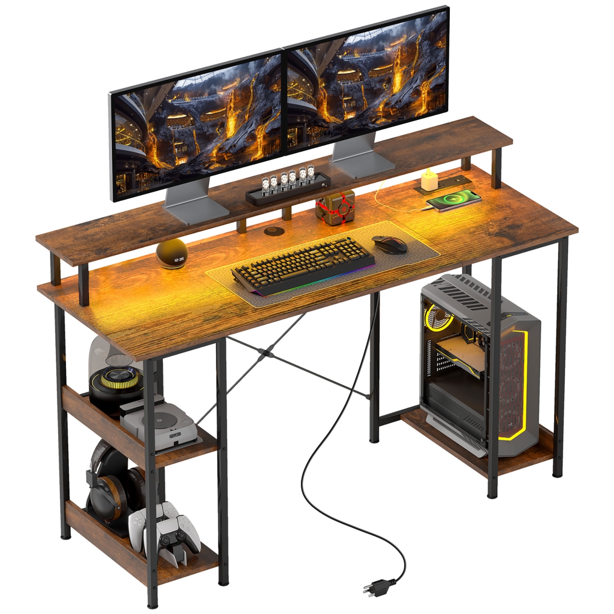 Picture of 212 Main 920-100V81RB 55 in. Homcom Computer Desk with Storage - Reversible Computer Table with Power Outlets & LED Lights&#44; Rustic Brown