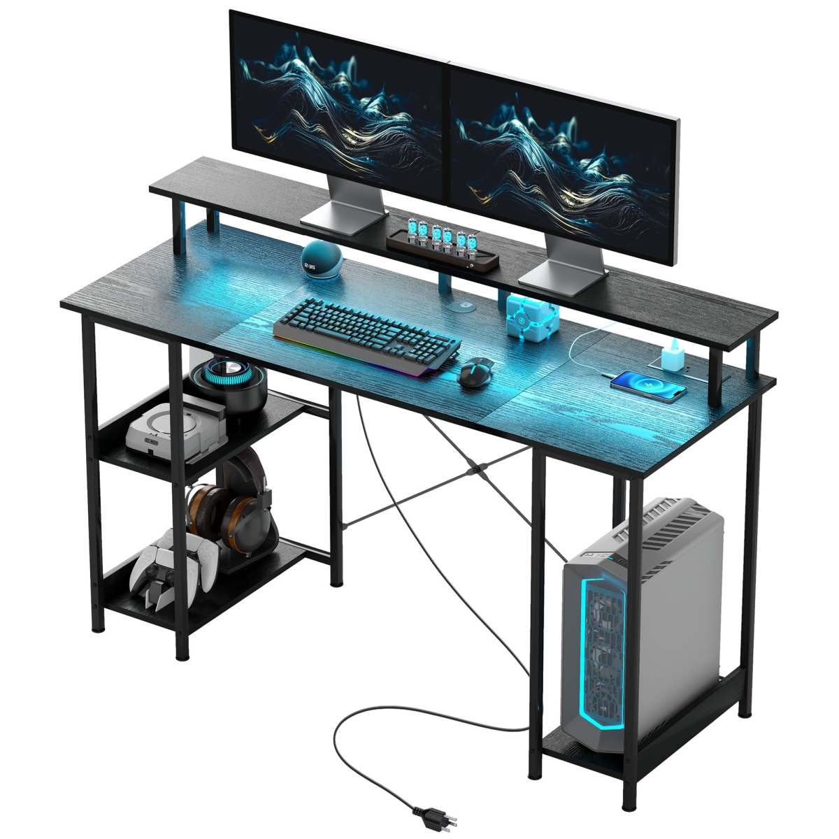 Picture of 212 Main 920-100V81BK 55 in. Homcom Computer Desk with Storage - Reversible Computer Table with Power Outlets & LED Lights&#44; Distressed Black